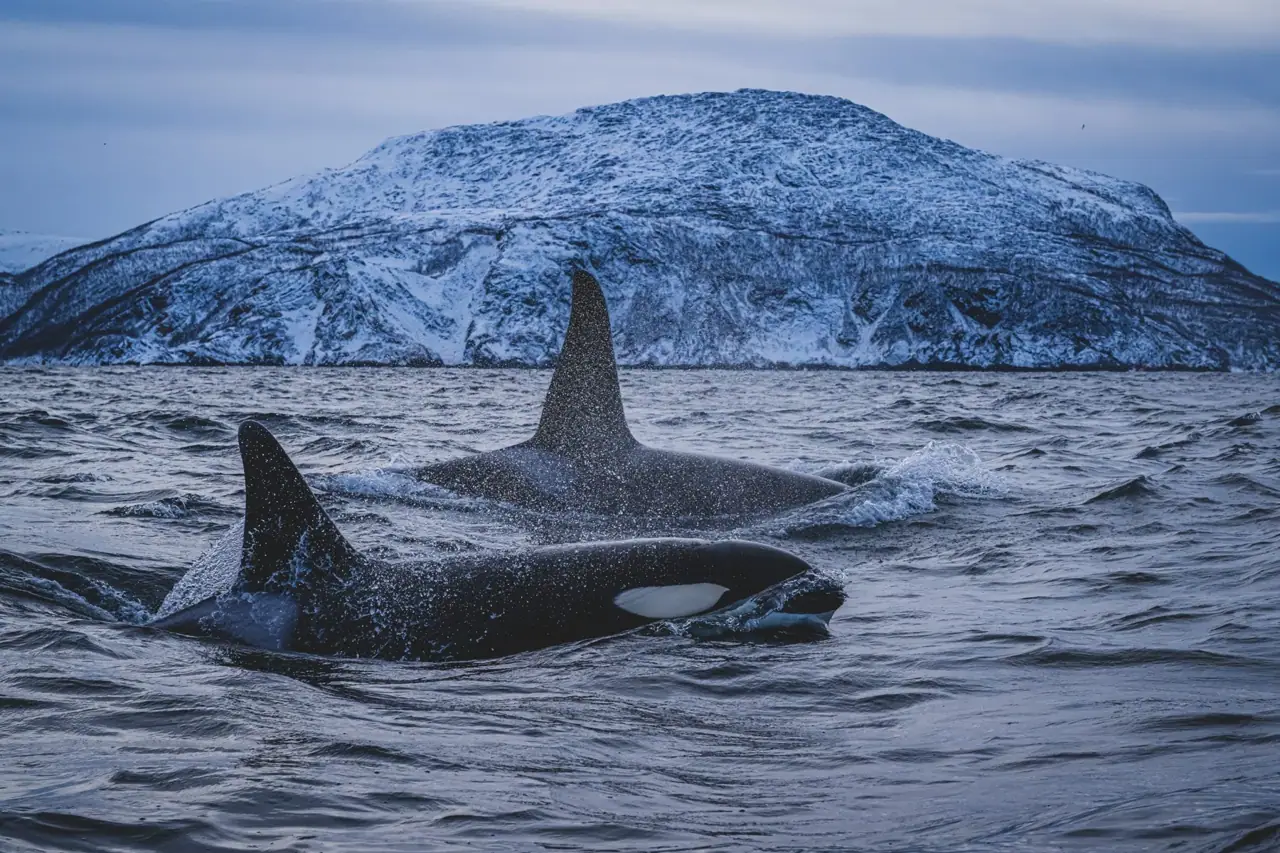 Orca vor norwegischen Bergen